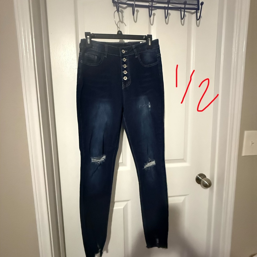SHEIN Dark Blue Button-Up Skinny Jeans